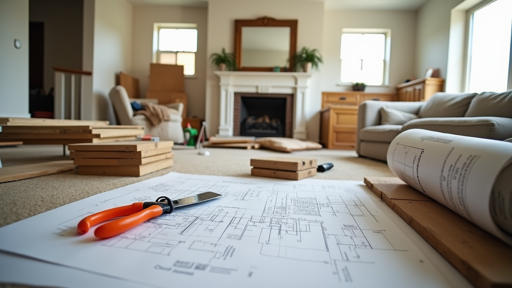 A bustling home renovation scene with building materials, blueprints, and tools spread across a living room, showcasing an in-progress remodel.